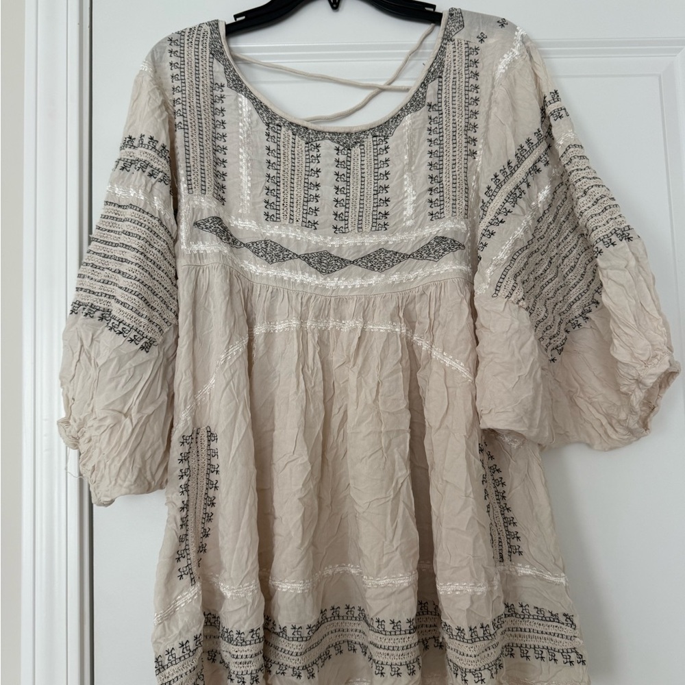 Free People Cream and Black Embroidered Blouse